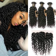 Brazilian Remy Virgin Curly Hair 3 Bundles with 13x4 Lace Frontal Closure Free Part 100% Unprocessed Kinky Curly Remy Human Hair Weave Bundles with Frontal