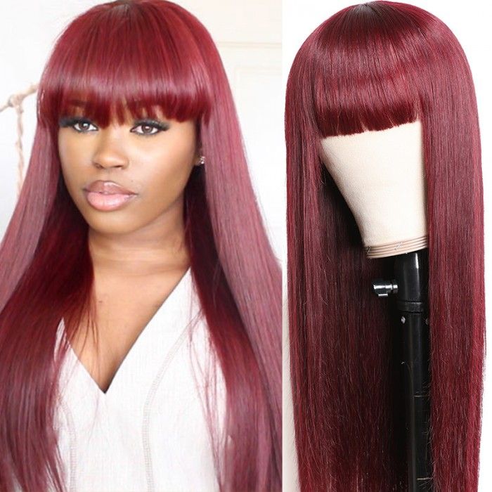 99J Color Straight Human Hair Wigs With Bangs Breathable Burgundy Colored Human Hair Wigs For Black Women