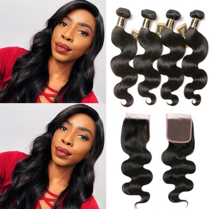Yavida Hair 4 Bundles with Closure Free Part Professional Brazilian Body Wave Hair 100% Unprocessed Virgin Human Hair Bundles with Closure