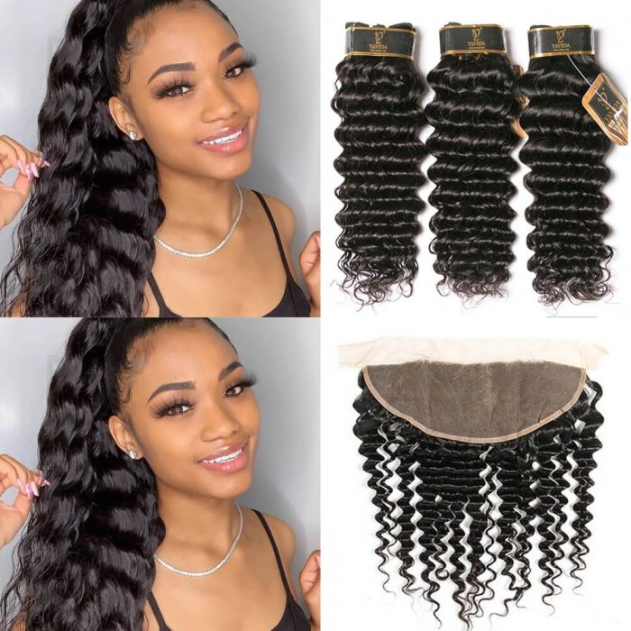 Virgin Brazilian Deep Wave Human Hair Weave Bundles with Frontal Lace Free Part 13x4 Ear To Ear with Baby Hair for 130% Density Human Hair Lace Frontal Wigs