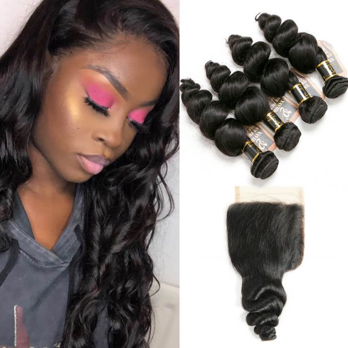 Brazilian Loose Weave Bundles with Closure 100% Human Hair 4 Bundles with Swiss Lace Closure Hair Extension Natural Color
