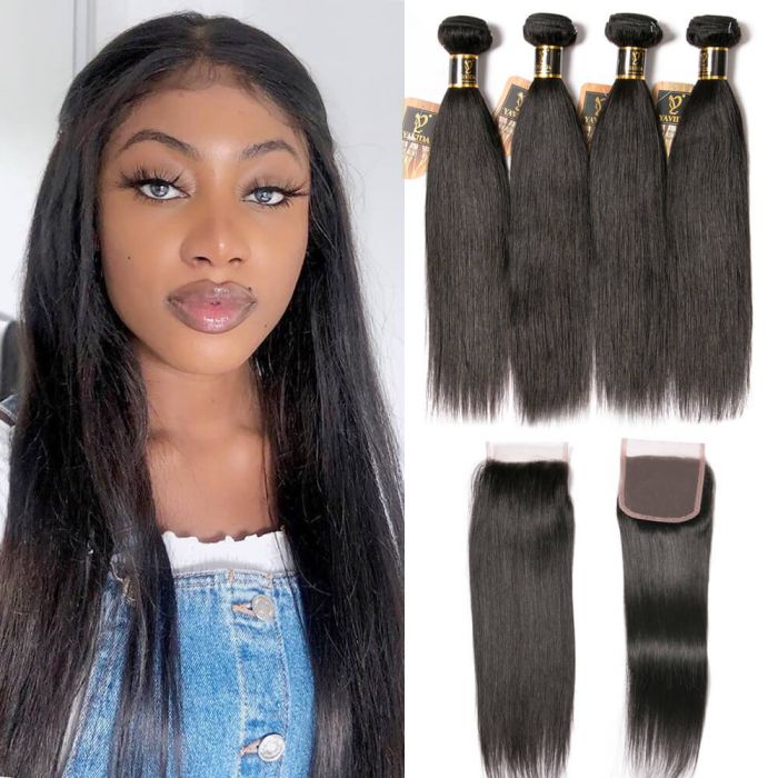 Brazilian Straight Human Hair Bundles with Closure 10A Unprocessed Mink Virgin Straight Human Hair 4 Bundles with Closure Free Part