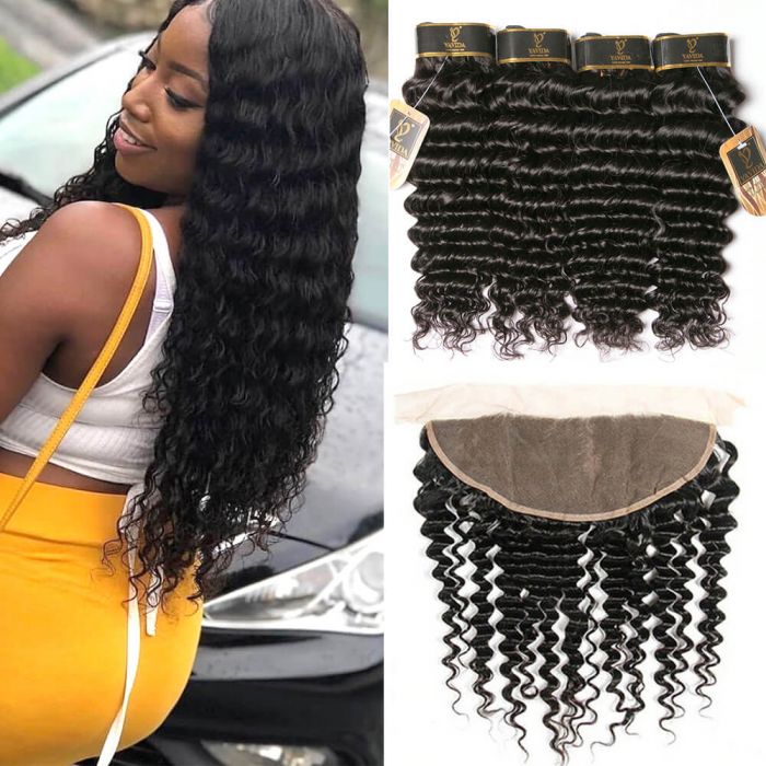 Brazilian Human Hair Deep Wave Bundles with Closure 100% Virgin Wet and Wavy Bundles with 4X4 Lace Closure Free Part Deep Curly Wave Human Hair Extensions