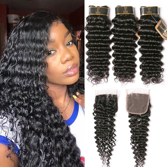 10A Deep Wave 3 Bundles with Closure Virgin Human Hair Bundles with 4x4 Middle Part Closure Unprocessed Virgin Human Hair Natural for Black Women