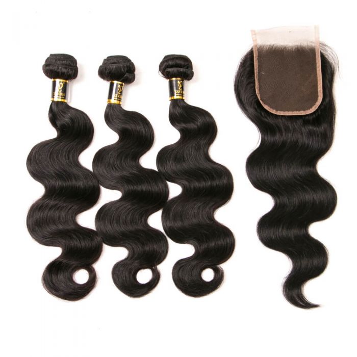Brazilian Body Wave Bundles With Closure 100% Unprocessed Virgin Human Hair 3 Bundles with Lace Closure 4x4 Free part Human Hair Extensions Natural Black
