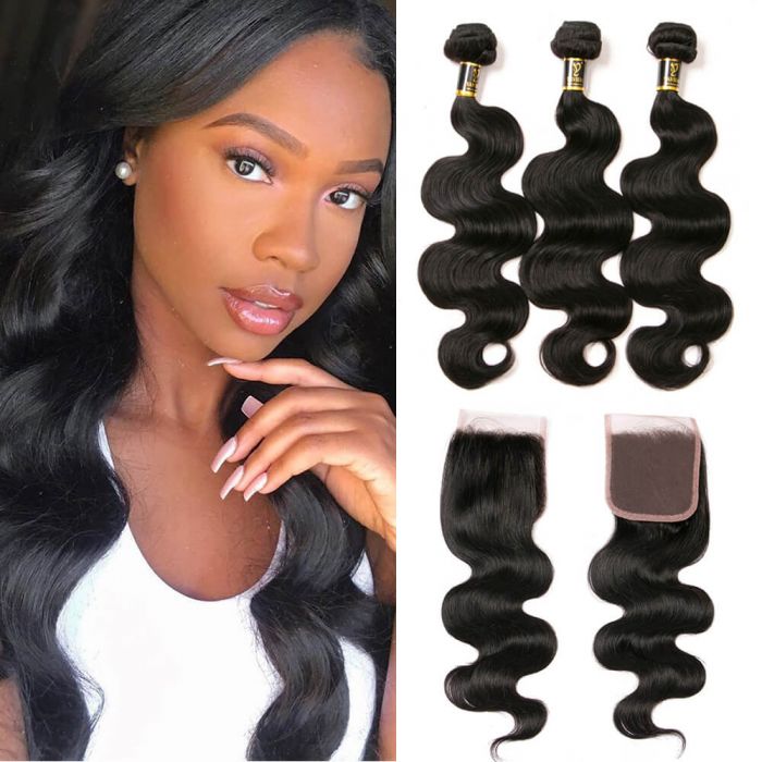 Body Wave Bundles with Closure Human Hair 4x4 Swiss Lace Closure with 3 Bundles Brazilian Hair Weave Natural Color