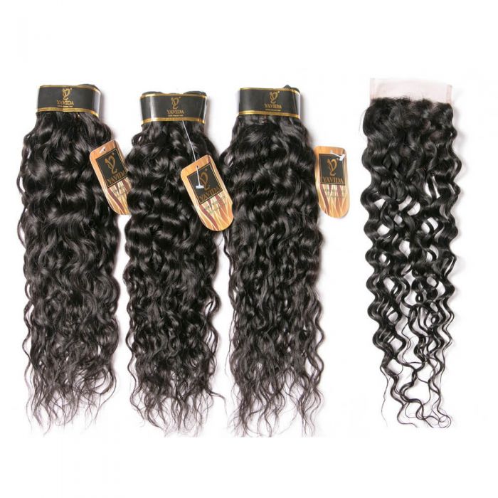 Water Wave Bundles with Closure Brazilian Wet and Wavy Human Hair Bundles with Lace Closure with Baby Hair Human Hair Extensions Natural Black Color