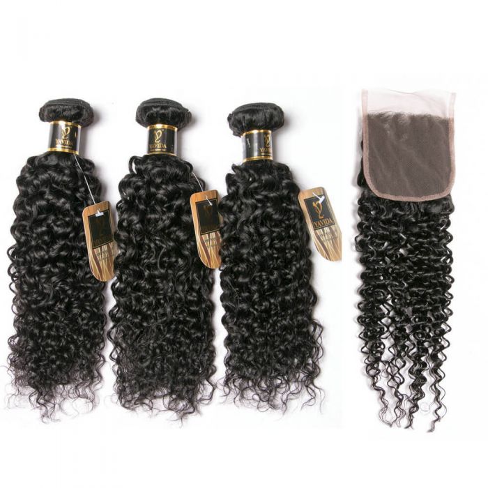 Yavida Human Hair Weaving With 4*4 Lace Closure Human Hair Kinky Curly Weave