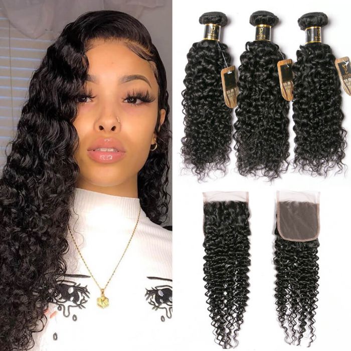 Brazilian Virgin Curly Hair Weave 3 Bundles with Lace Closure Free Part 4x4 Brazilian Kinky Curly Hair Weave Bundles Natural Black Color
