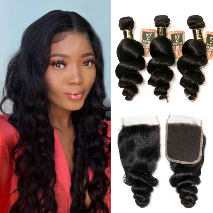 Loose Wave Bundles with Closure 100% Human Hair Bundles with Closure Natural Color