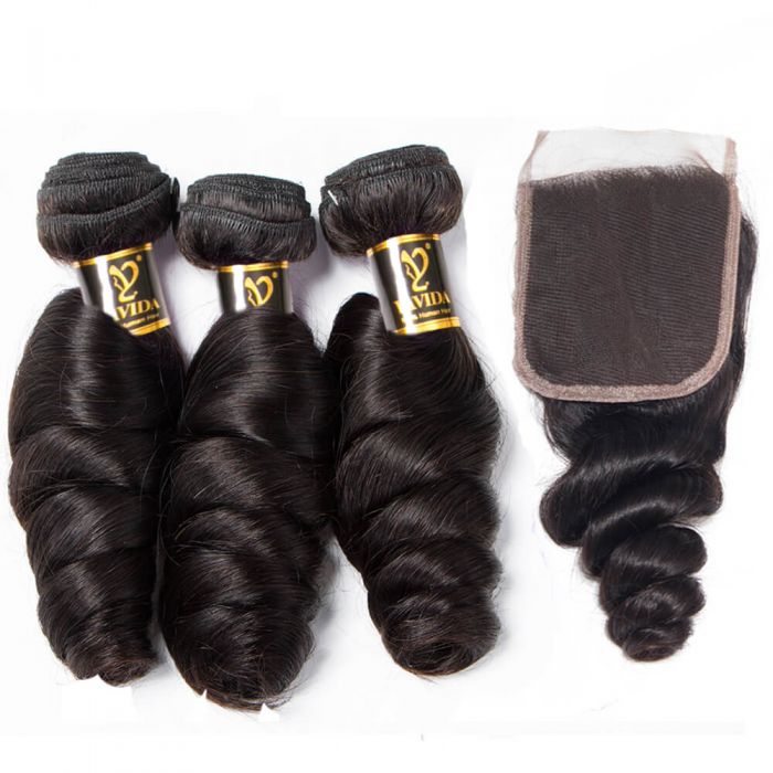 Loose Wave 3 Bundles with Closure Virgin Human Hair Bundles with 4x4 Free Part Closure Unprocessed Virgin Human Hair Natural Black