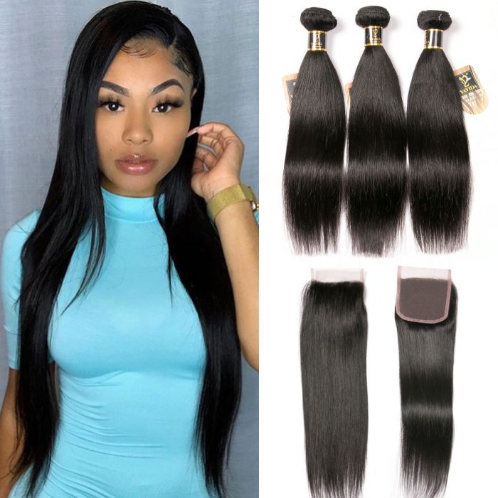 10A Human Hair Bundles with Closure Brazilian Straight Hair Bundles with Closure Human Hair Weave 3 Bundles with Lace Closure 4x4 Free Part
