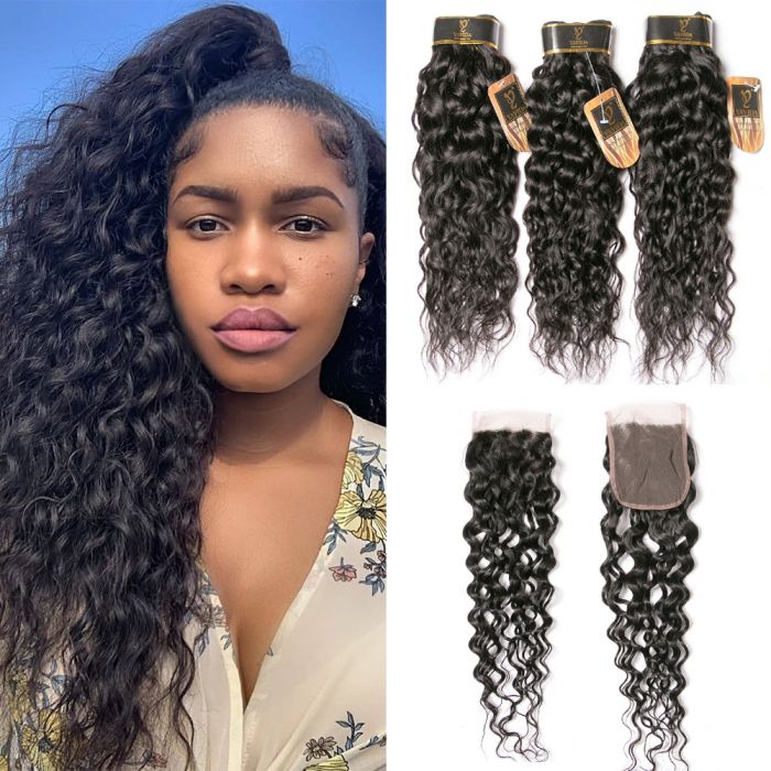 Water Wave 3 Bundles with Closure Human Hair Curly Weave 3 Bundles with 4x4 Lace Closure with Baby Hair Free Part